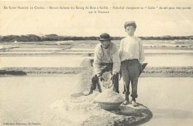 (44 - Loire Atlantique) Batz sur Mer - De Saint-Nazaire au Croisic - Marais Salants du Bourg de Batz à Saillé - Paludiers chargeant sa 'Gède' de sel pour être portée sur le Tremait.